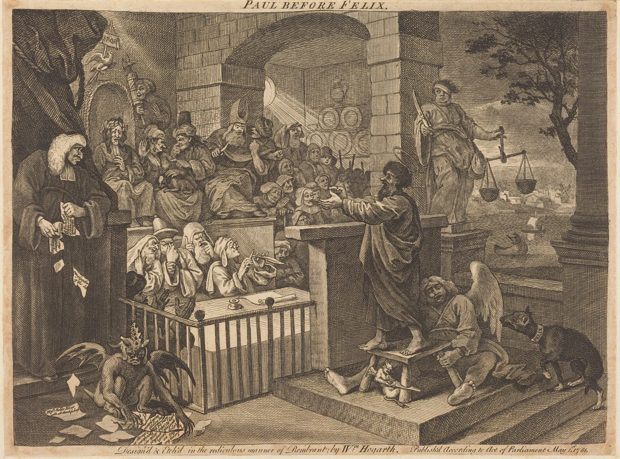 Paul before Felix Burlesqued, by William Hogarth, ink, 1751