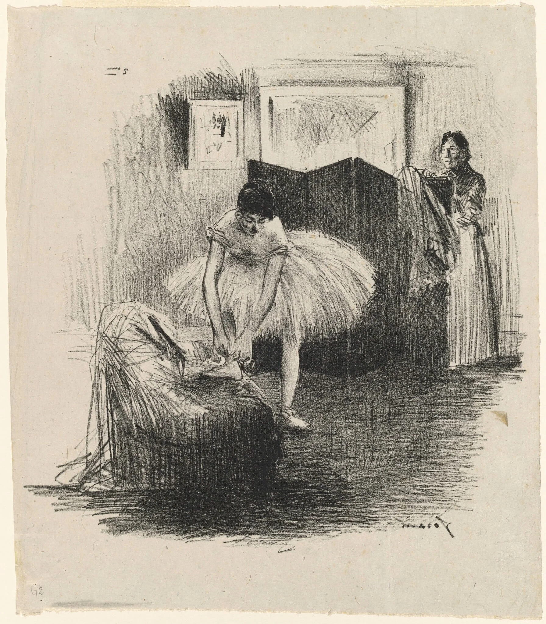 Danseuse rattachant son chausson (Dancer Tying Her Slipper), by Jean-Louis Forain, ink, 1891