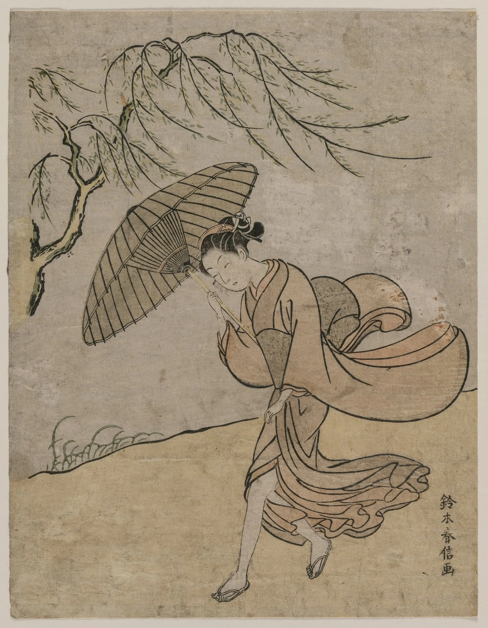 Woman Running Past a Willow Tree in a Breeze, by Suzuki Harunobu, 1766