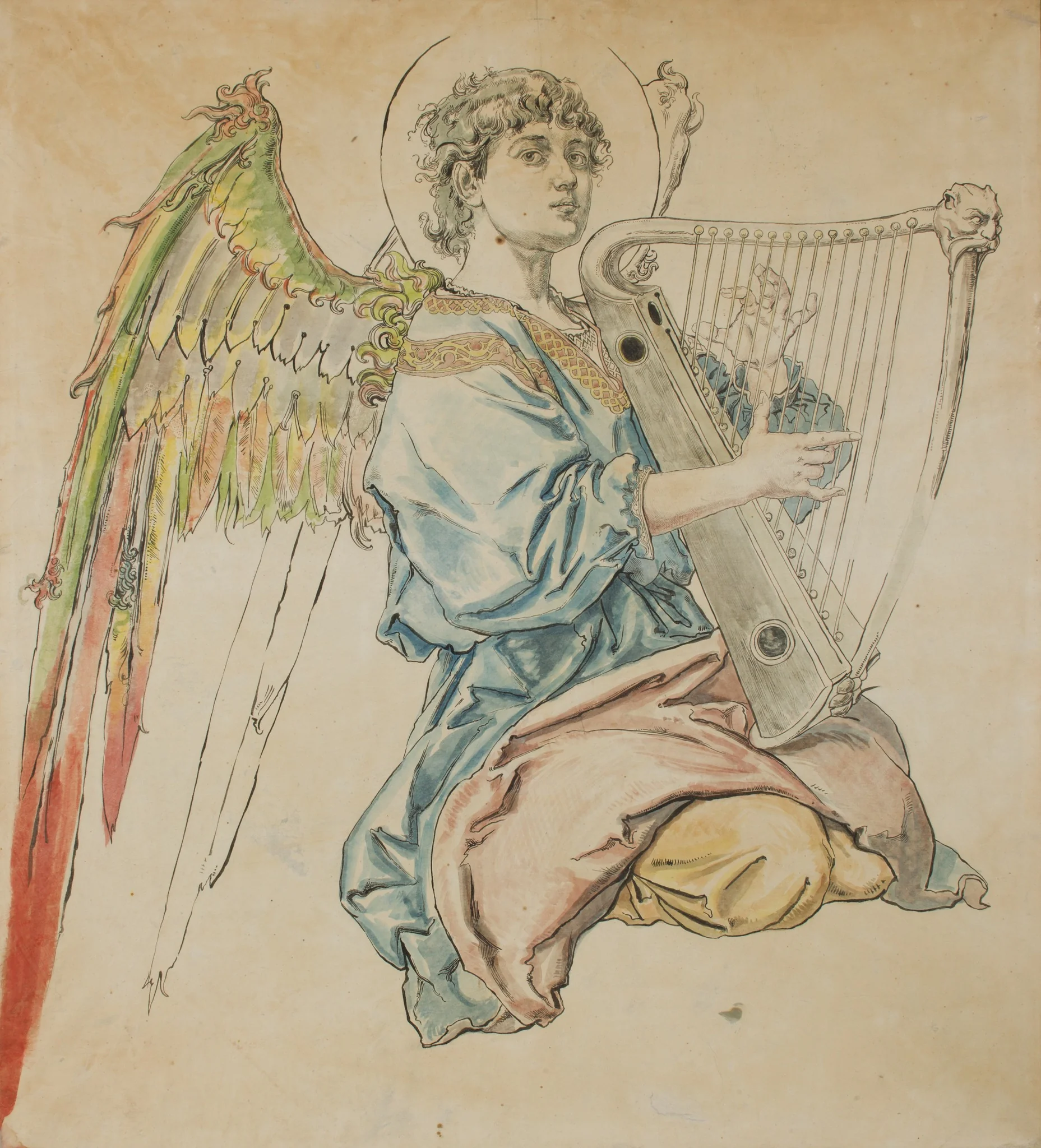 Cardboard for the Polychromy in the St Mary's Church – Figure of an Angel Playing the Lute, by Jan Matejko, unspecified, 1895