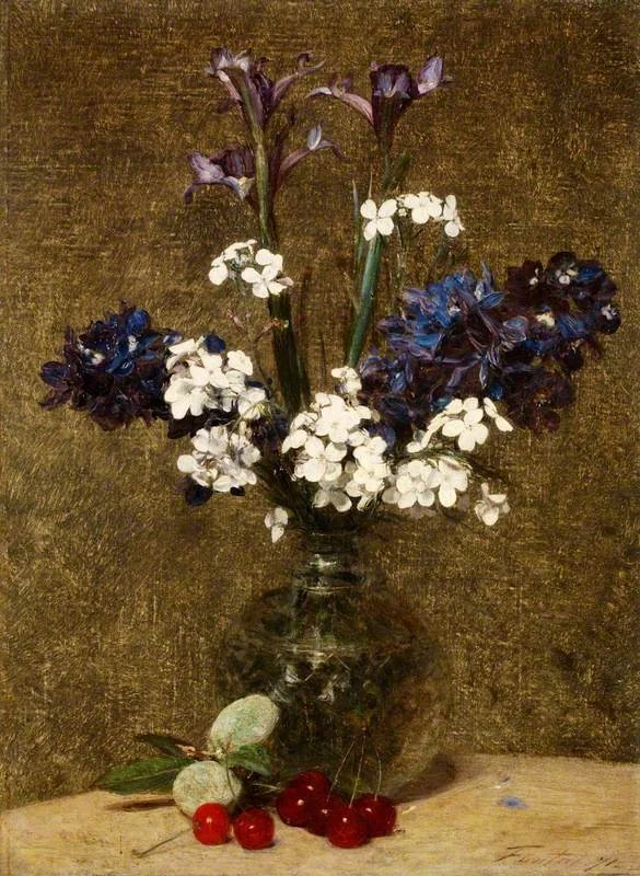 Flowers: Iris and Hyacinths, with Cherries and Almonds on the Table, by Henri Fantin-Latour, oil, 1871