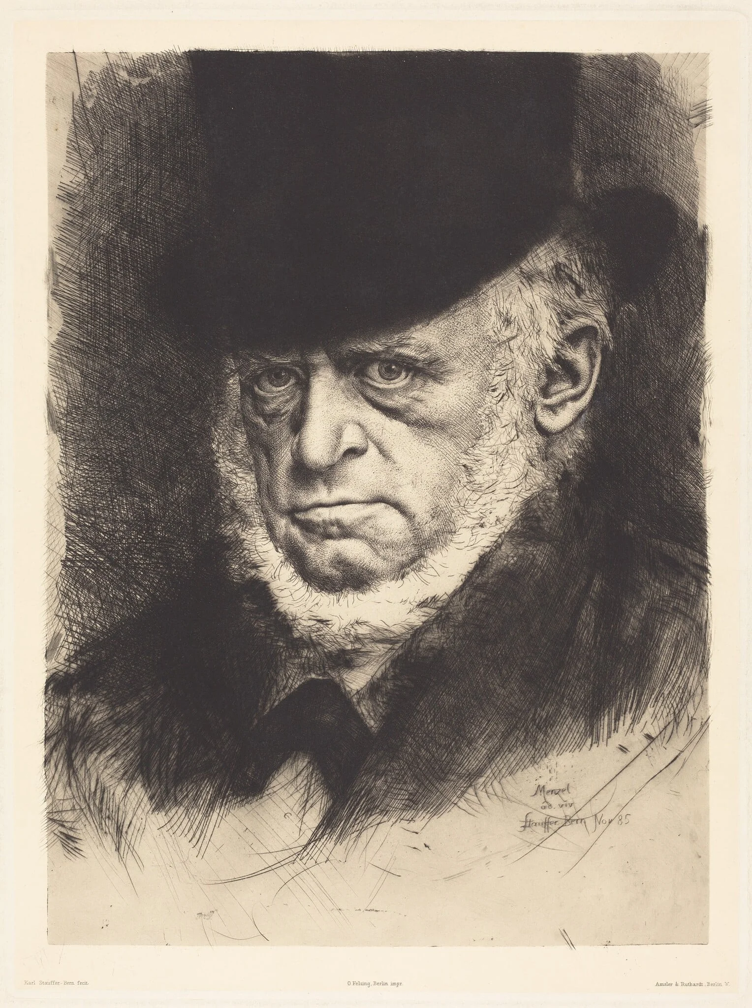 Adolph Menzel Wearing a Top Hat, by Karl Stauffer-Bern, ink, 1885