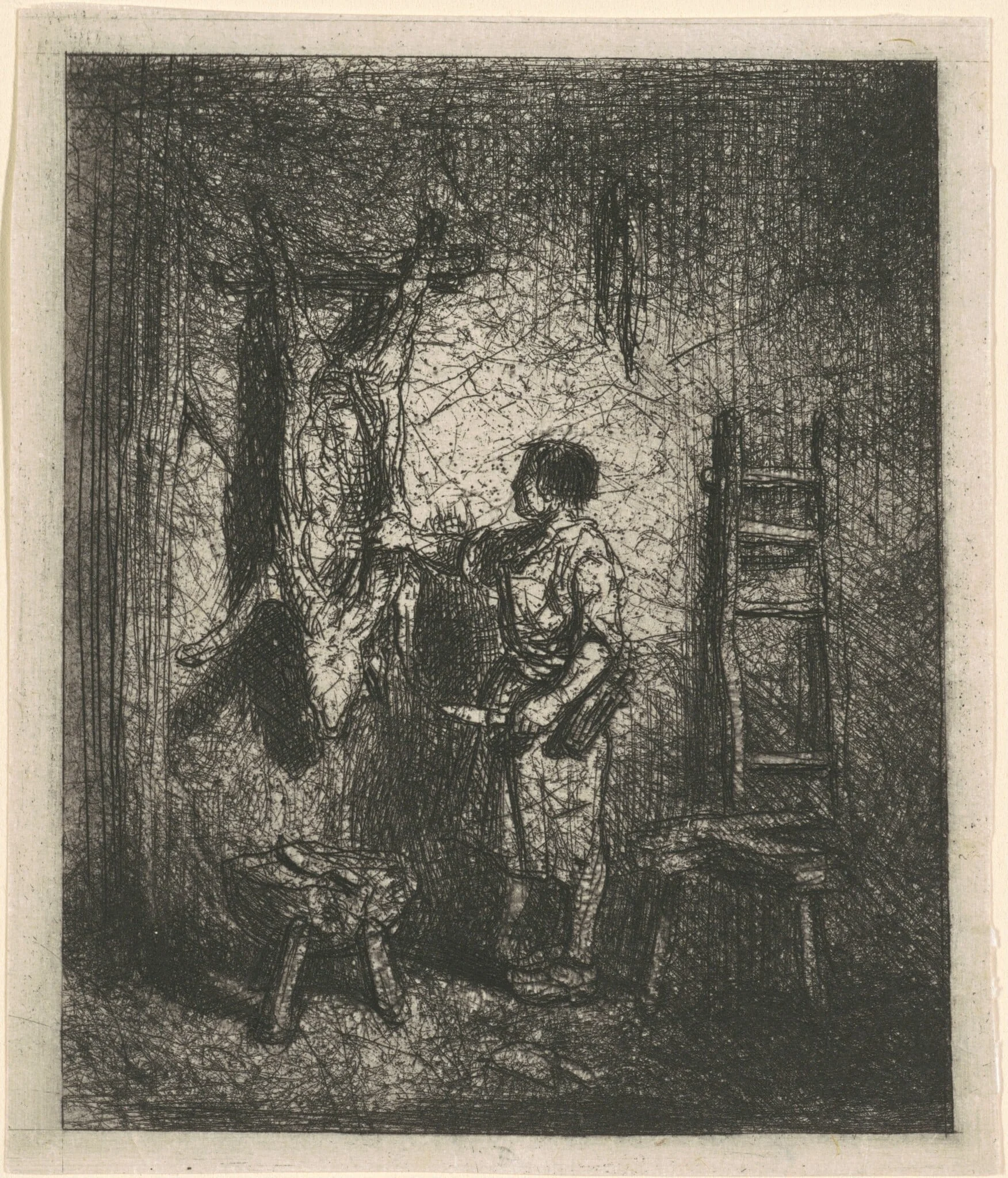 The Pig Butcher, by Charles Émile Jacque, ink, 1844