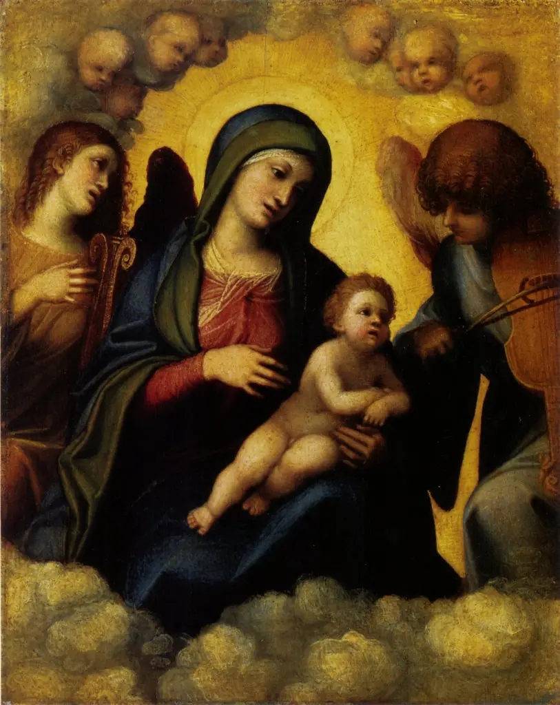 Madonna with child and two angel musicians