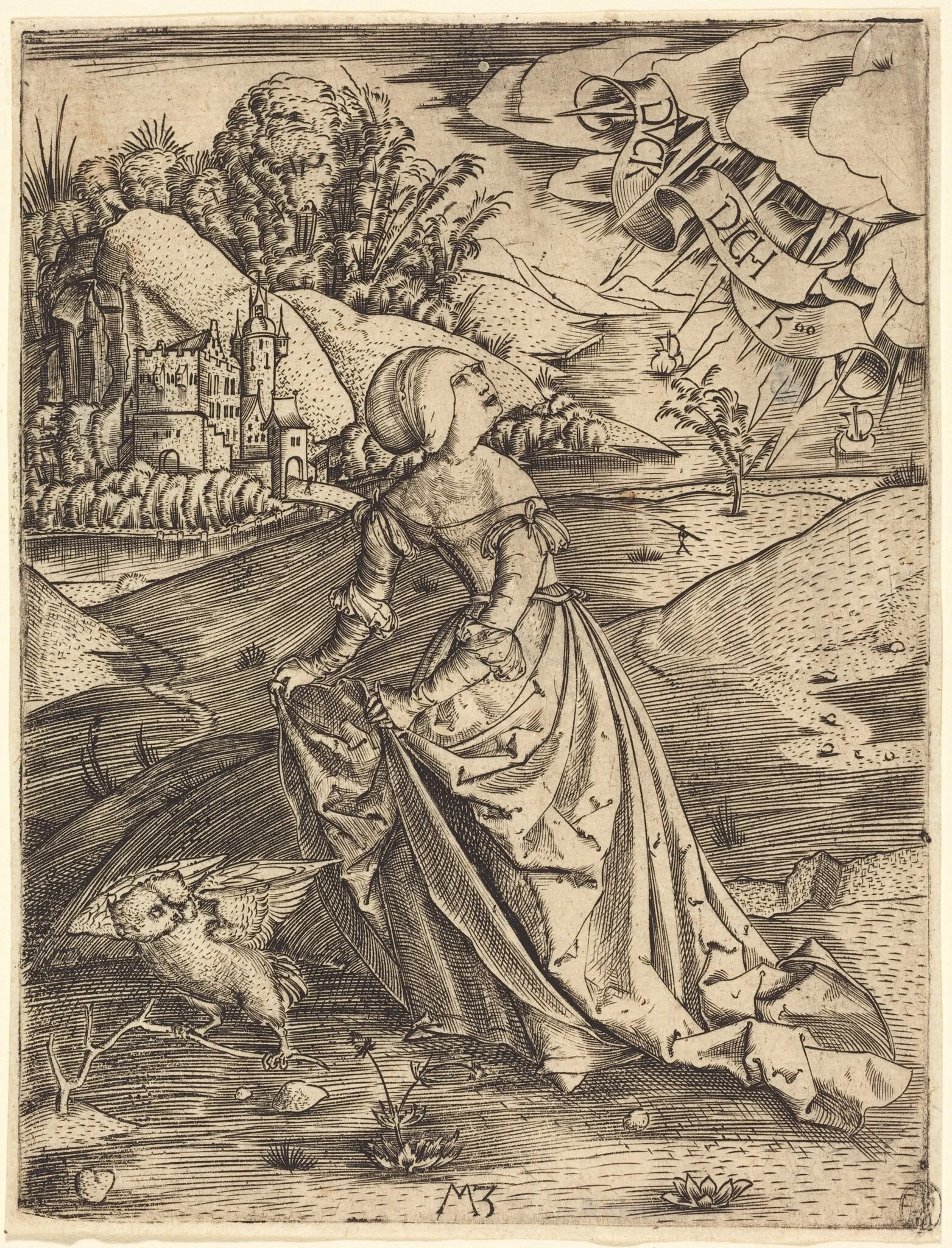 Woman with the Owl, by Master MZ, ink, 1500