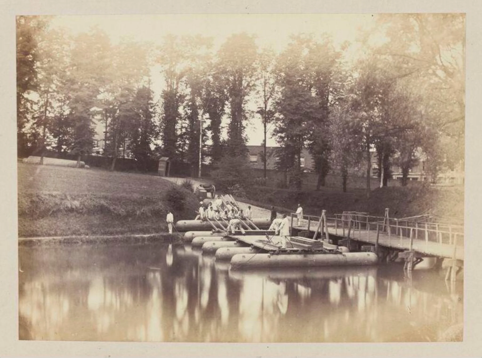 Construction of Bridge with Blanchard's Pontoons, by The Photographic Establishment of the War Department, photographic, 1858