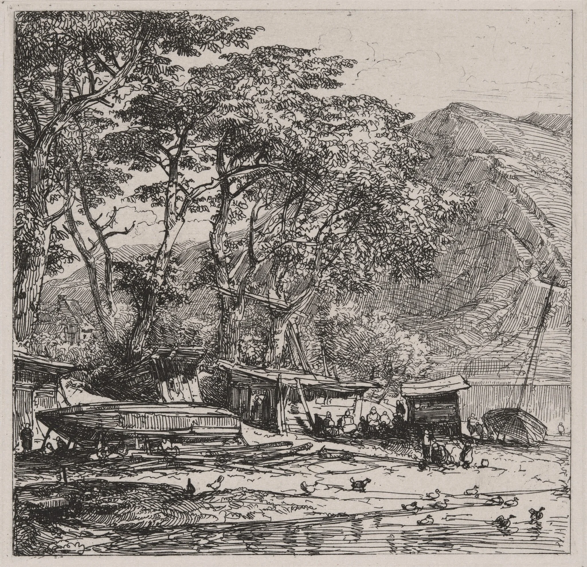 Fishing Village with Boats on the Shore