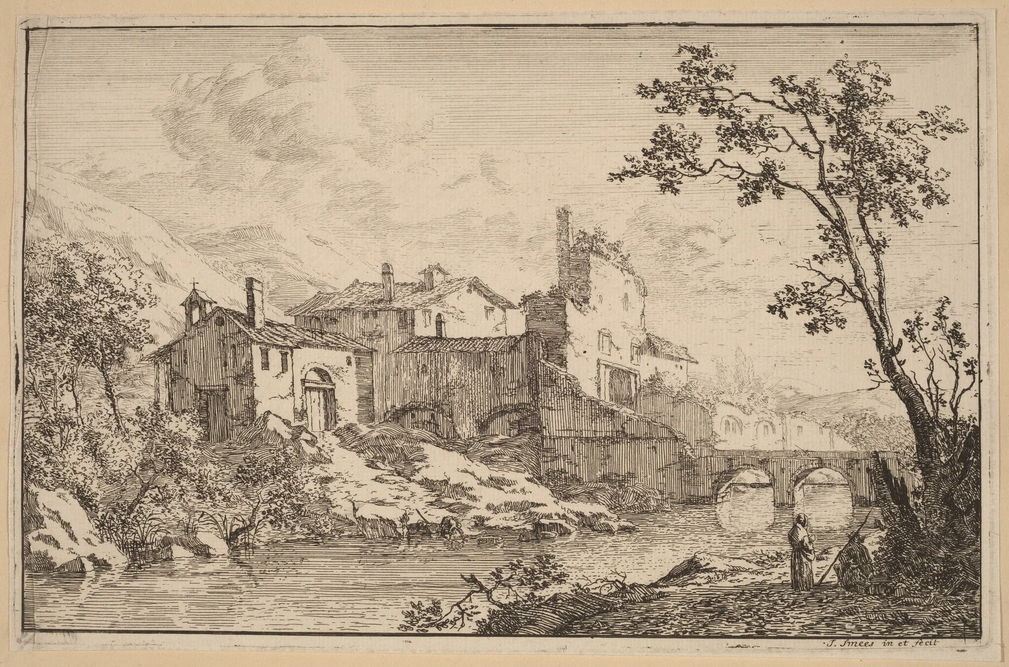Houses at the Side of a River, by Jan Smees, ink, 1707