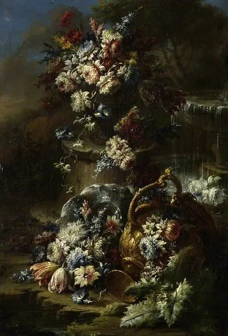 Flowers in a landscape with overturned urn
