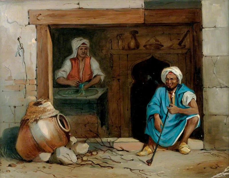An Egyptian Baker and His Assistant at the Door of a Cake-Shop, by Émile Prisse d'Avennes, oil, 1835