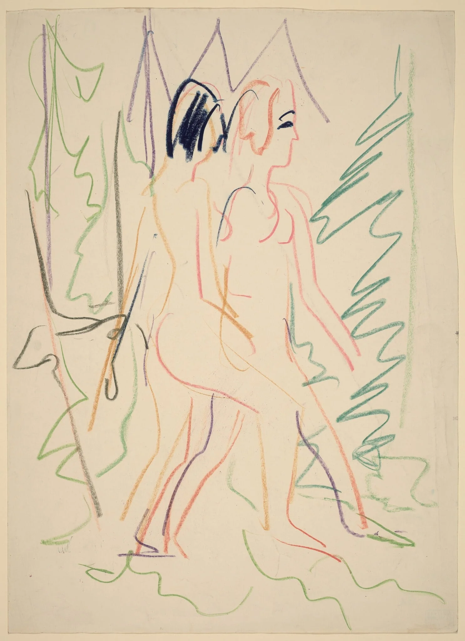 Two Nudes in a Forest, by Ernst Ludwig Kirchner, crayon, 1925