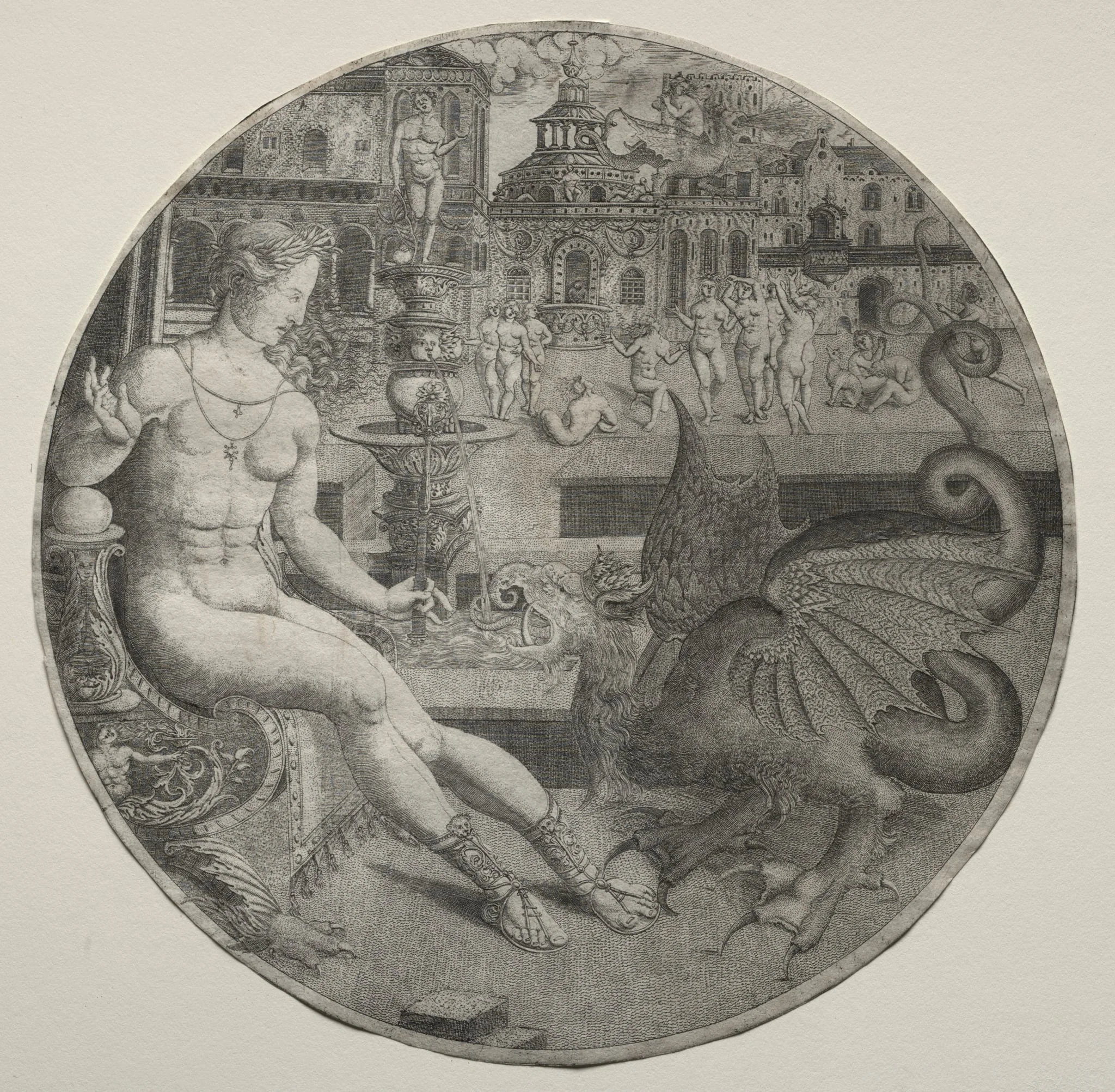 Naked Woman and a Dragon, by Allaert Claesz, 1523