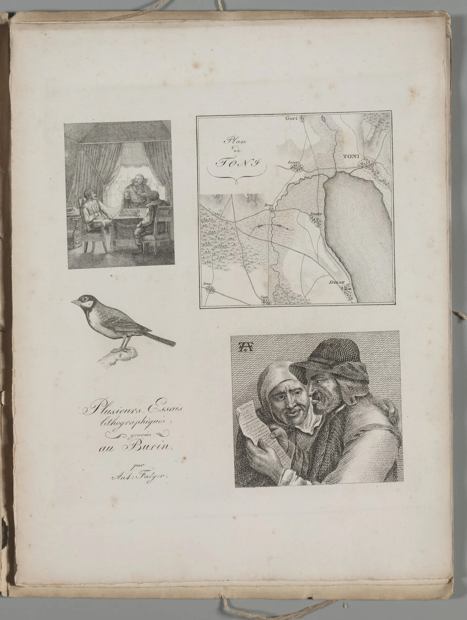 Art of the Lithograph: Four Engraving Samples, War Tent, Map of Toni, Bird, Dutch Farmer and Woman, by Alois Senefelder, 1819