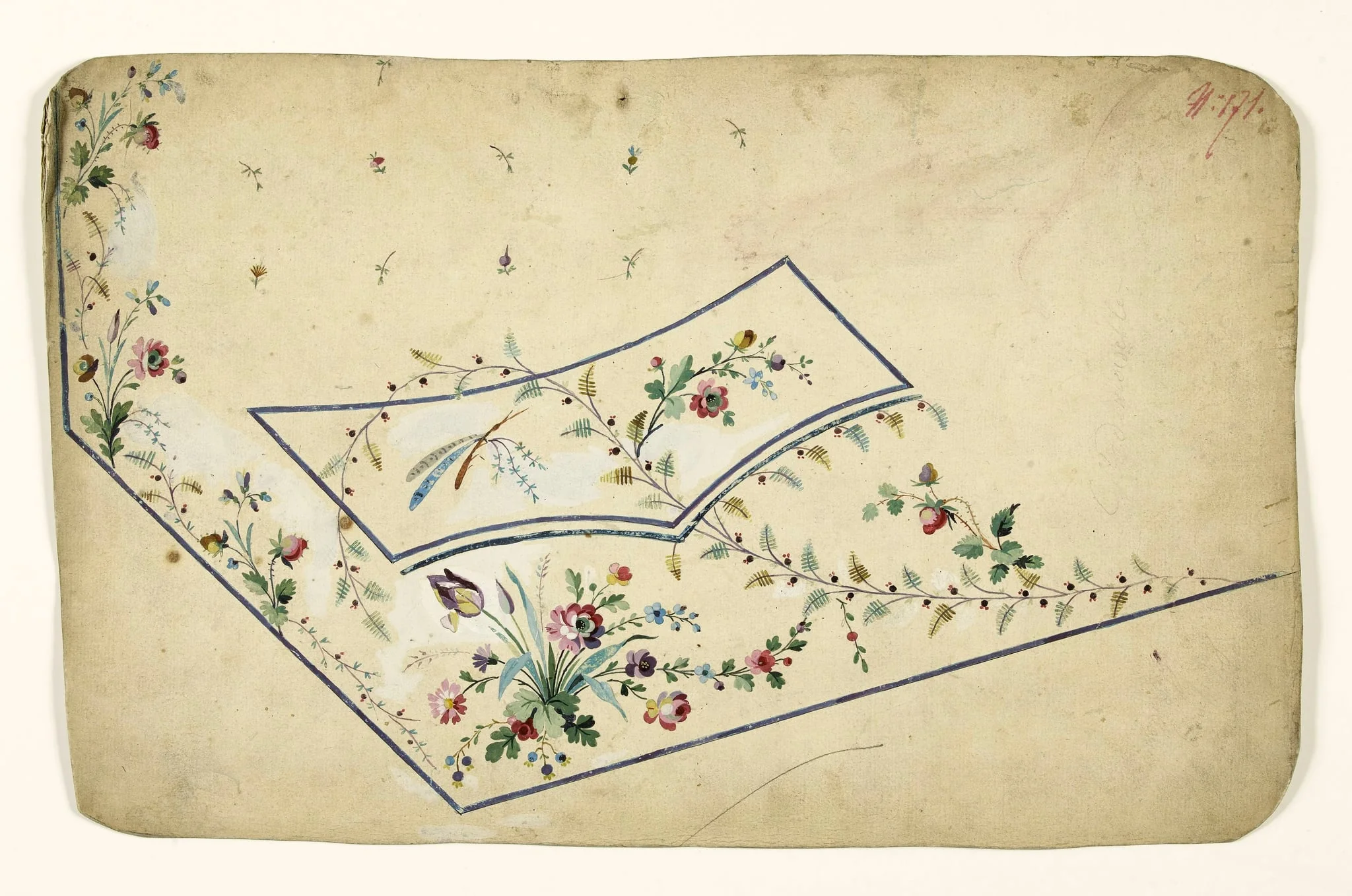 Composition avec bouquets et guirlandes de fleurs et phasme sur branche, projets de broderies de gilet, XVIIIème siècle, by Anonyme, 1750