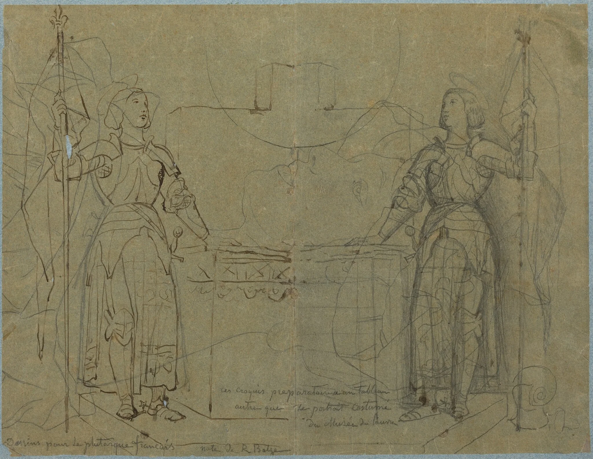 Joan of Arc Standing at the Altar at Reims Cathedral, by Jean Auguste Dominique Ingres, ink, 1844