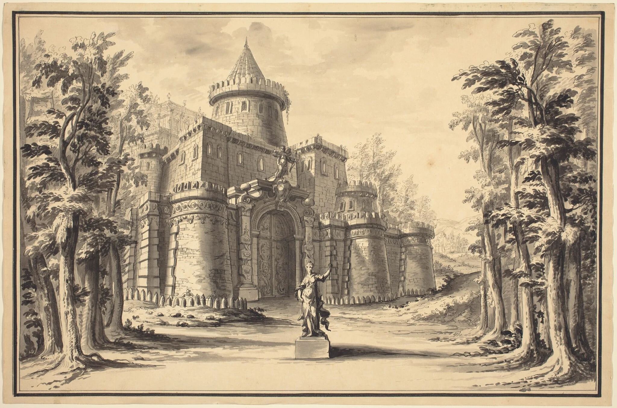 A Stage Set with a Statue and a Palace, by Daniel the Younger Marot, ink, 1734