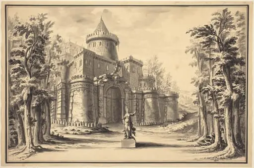 A Stage Set with a Statue and a Palace