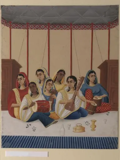 A group of seven female musicians seated under a canopy