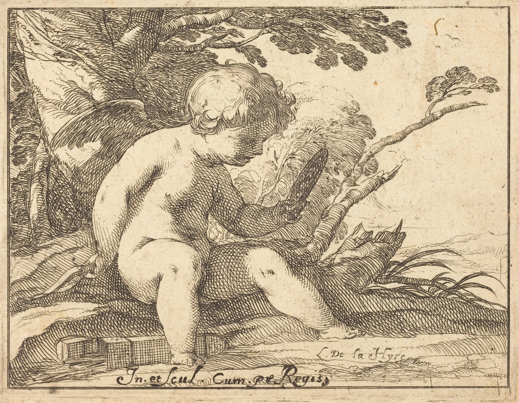 Cupid Looking in a Mirror, by Laurent de La Hyre, ink, 1631