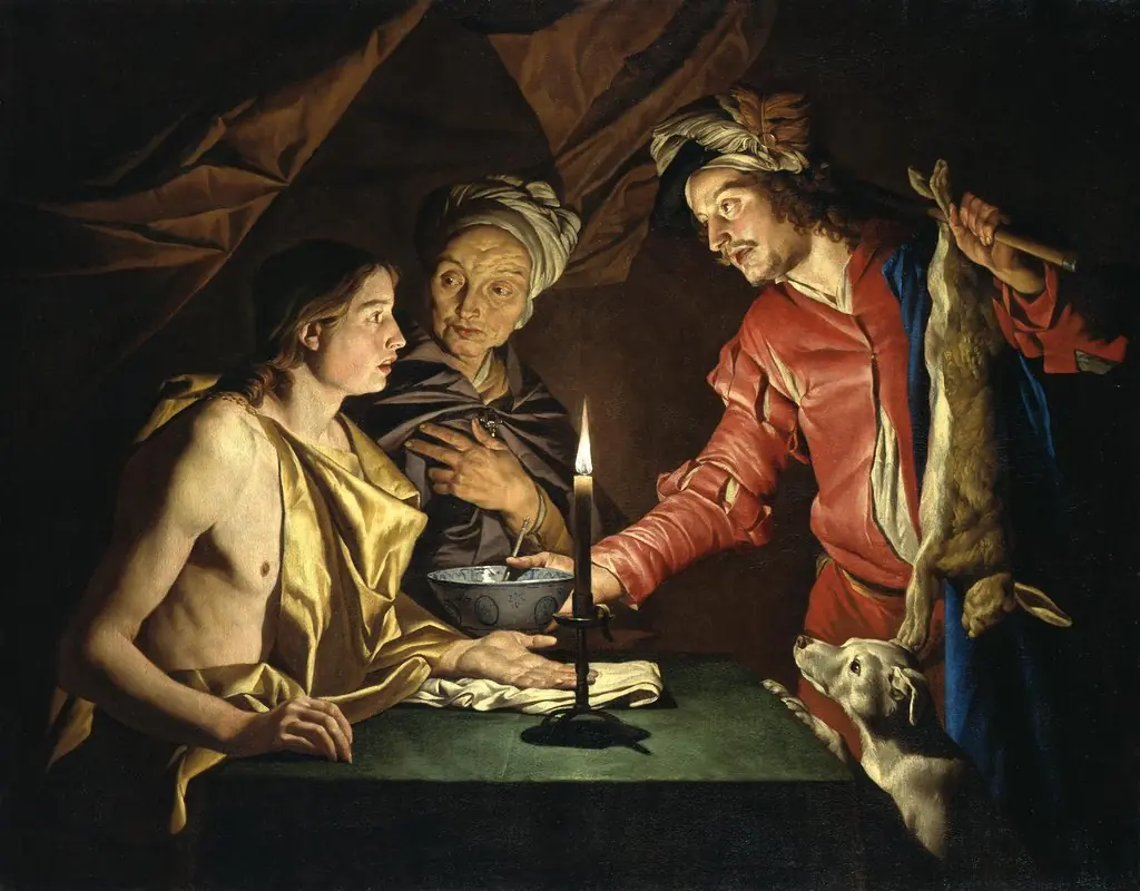 Esau, returning hungry from the hunt, sells his first birthright to Jacob for a pottage of lentils(Genesis 25:31)