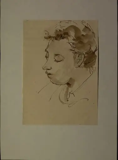 Portret al artistei Ligia Macovei, din semiprofil, spre stânga. Ligia Macovei (1916 - 1998) a fost o graficiană, pictoriță și colecționară de artă. Ligia Macovei a fost deputat în Marea Adunare Națională în sesiunea 1952 -1957.[2] Ligia Macovei a fost căsătorită cu arhitectul și demnitarul comunist Pompiliu Macovei (1911 - 2008). Lucia Cosmescu (1916-1969) a fost pictoriță și graficiană româncă, Născută în Galați, a făcut studii de pictură la Academia de Arte Frumoase din București.