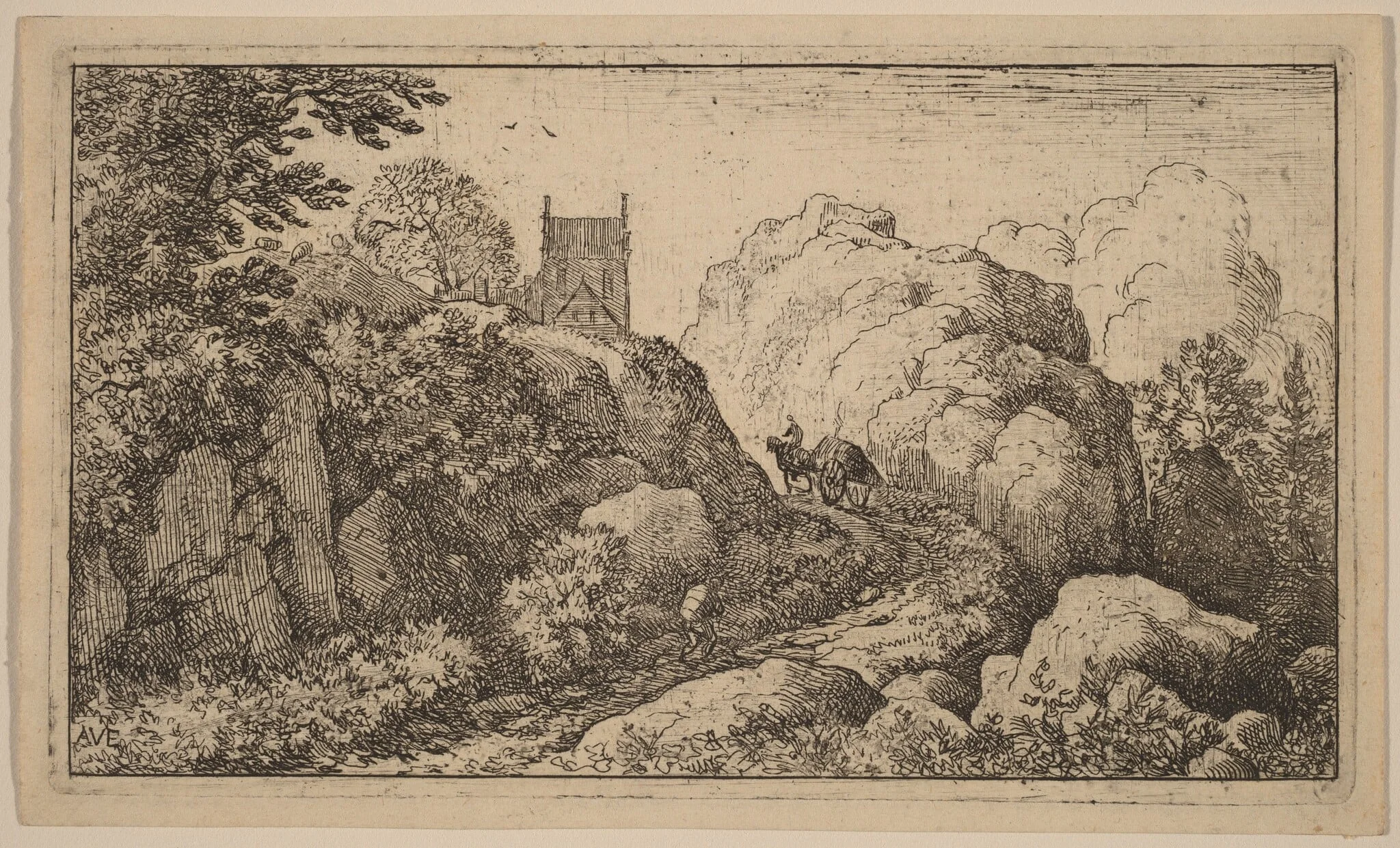 Cart in a Narrow Pass, by Allart van Everdingen, ink, 1650