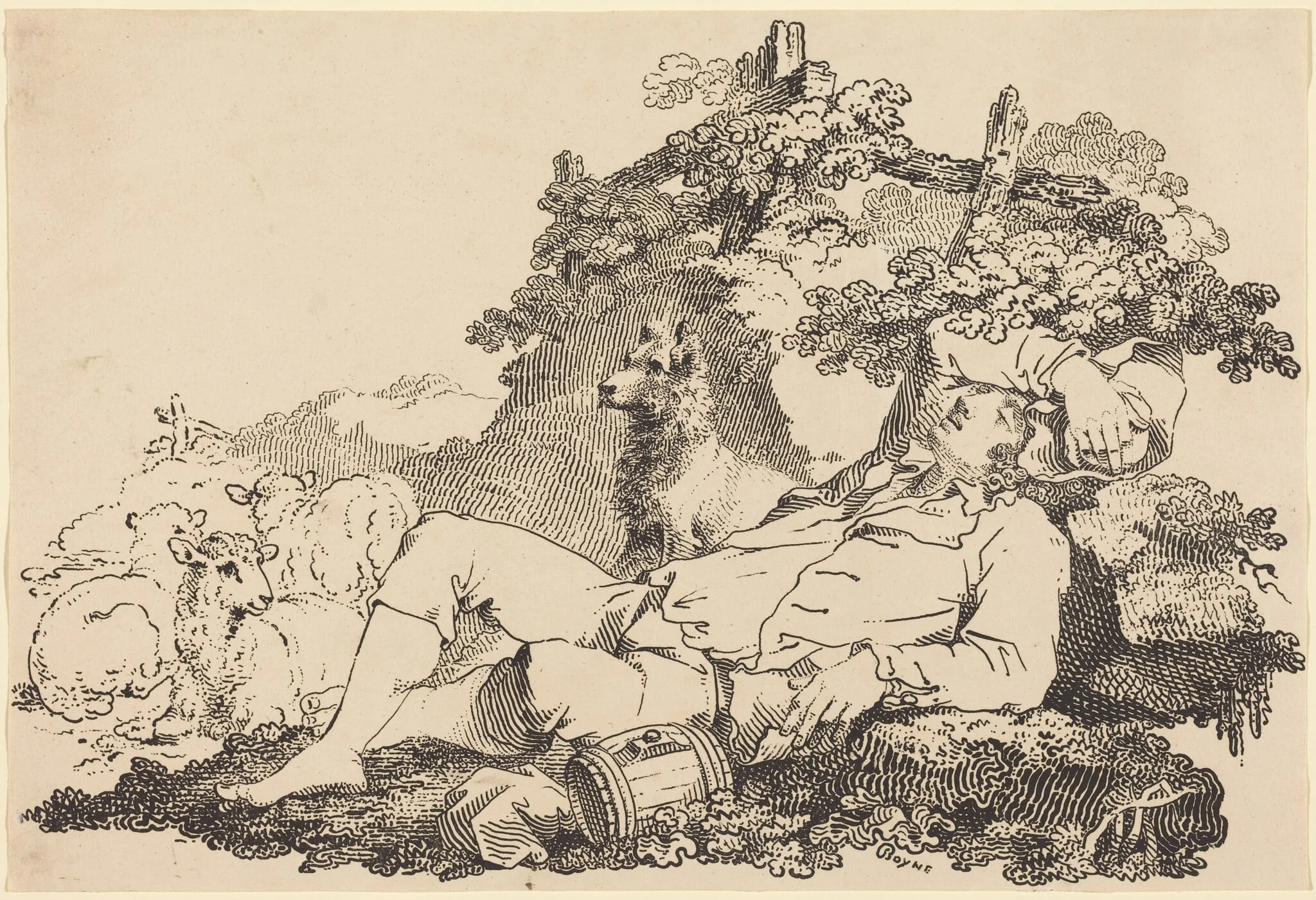 Shepherd with Dog and Sheep, by John Boyne, ink, 1806