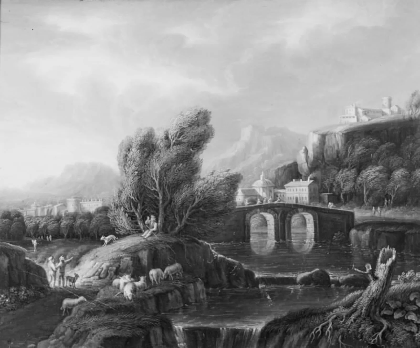 A Landscape with a Waterfall and a Stone Bridge, by Unknown, unspecified, 1741