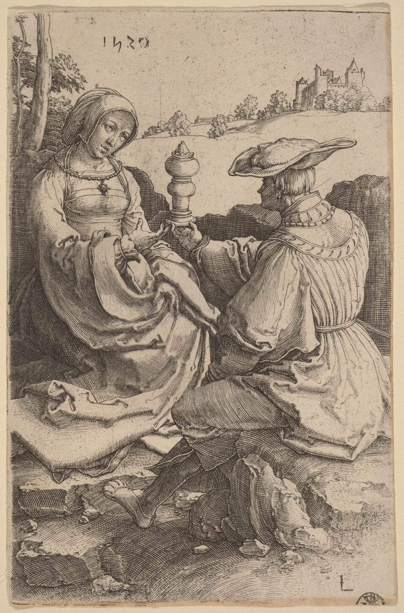 A Nobleman and a Lady Seated in a Landscape, by Lucas van Leyden, ink, 1520
