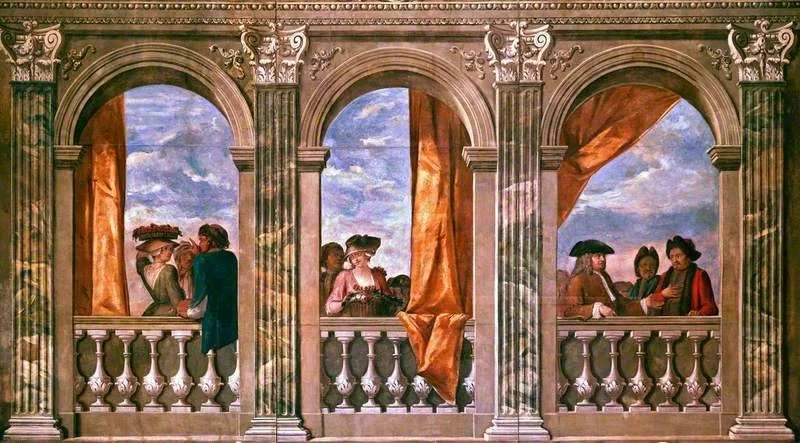 Corinthian Balustraded Colonnade with Figures (from upper section of staircase hall, 44 Grovesnor Square, London), by John Laguerre, unspecified, 1724