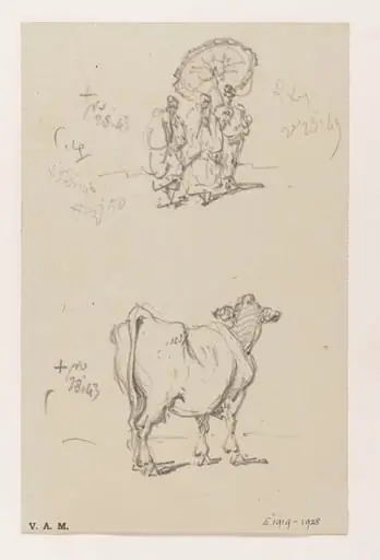 Three figures with a parasol, and a cow