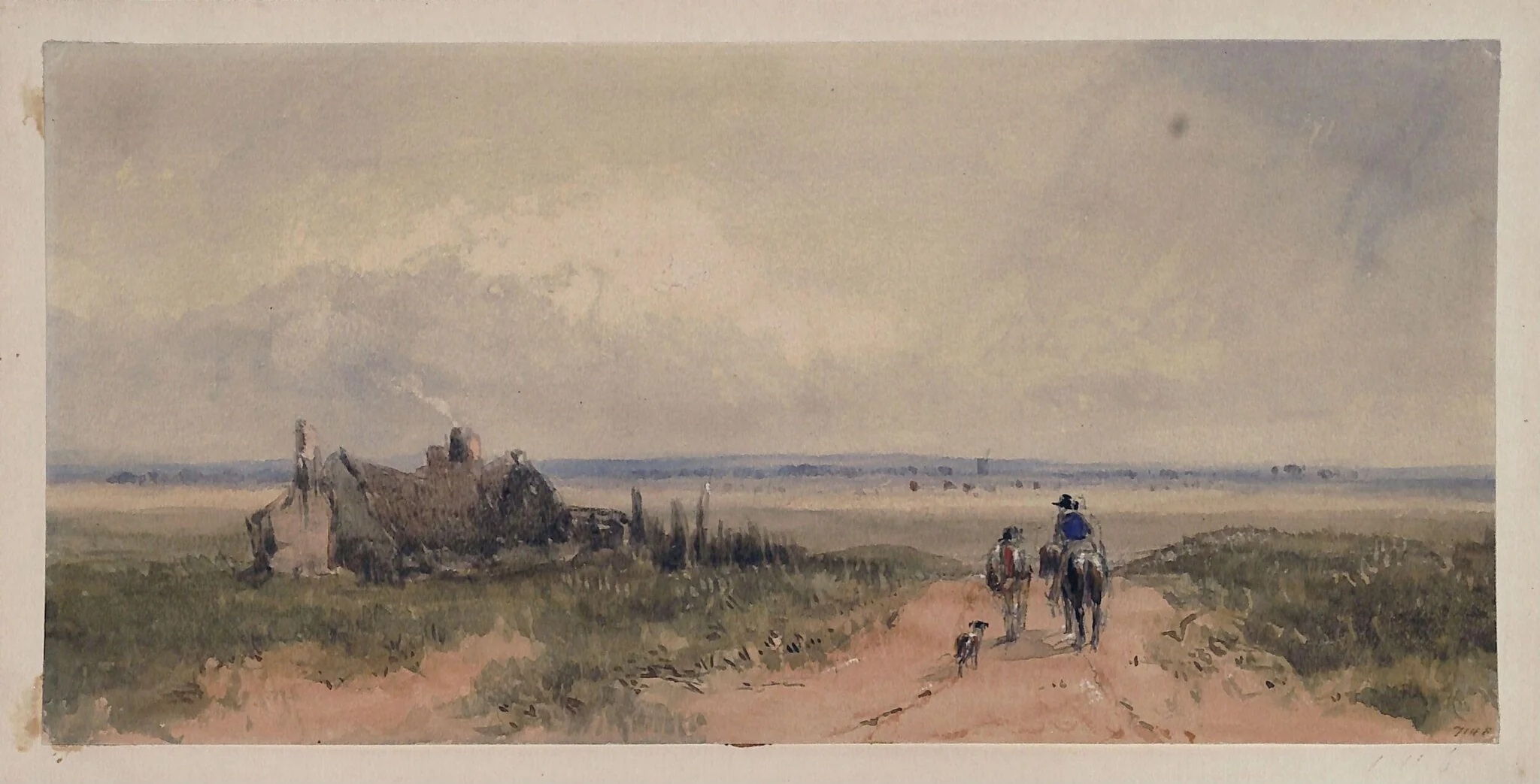 Landscape with cottage, and figures on a sandy road