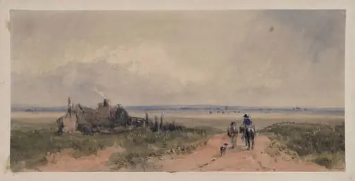 Landscape with cottage, and figures on a sandy road