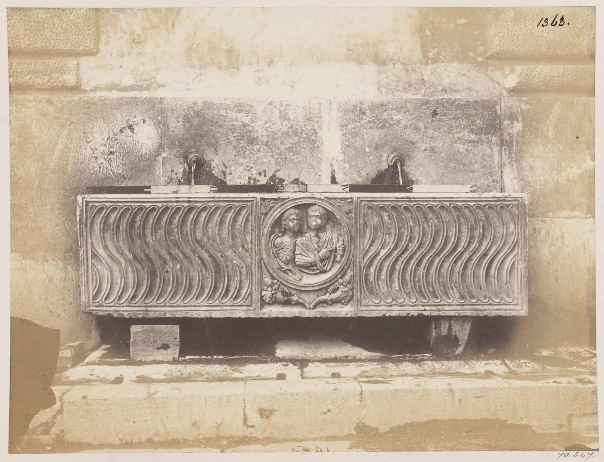 Sculpture - Sarcophagus of the fourth century made into a fountain, near the Church of S. Maria, in the Piazza del Popolo, by John Henry Parker, photographic, 1867