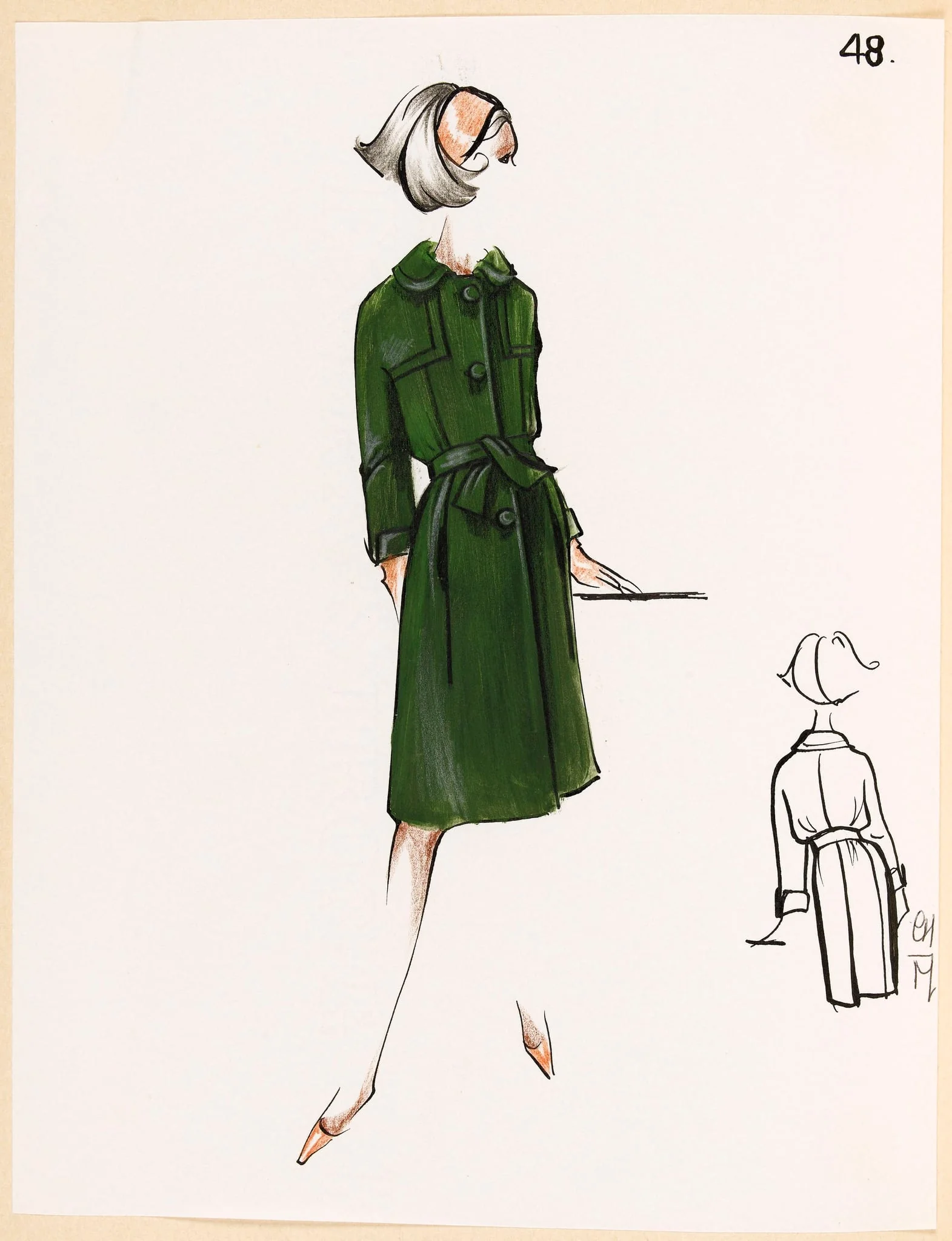 Manteau vert bouteille noué à la taille, by Carven, 1967