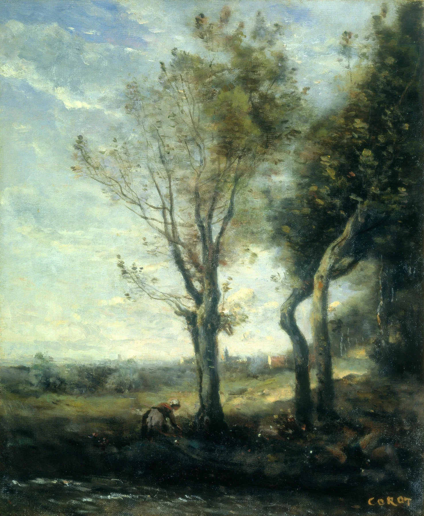 The Four Trees by the Plain, by Jean Baptiste Camille Corot, oil, 1869