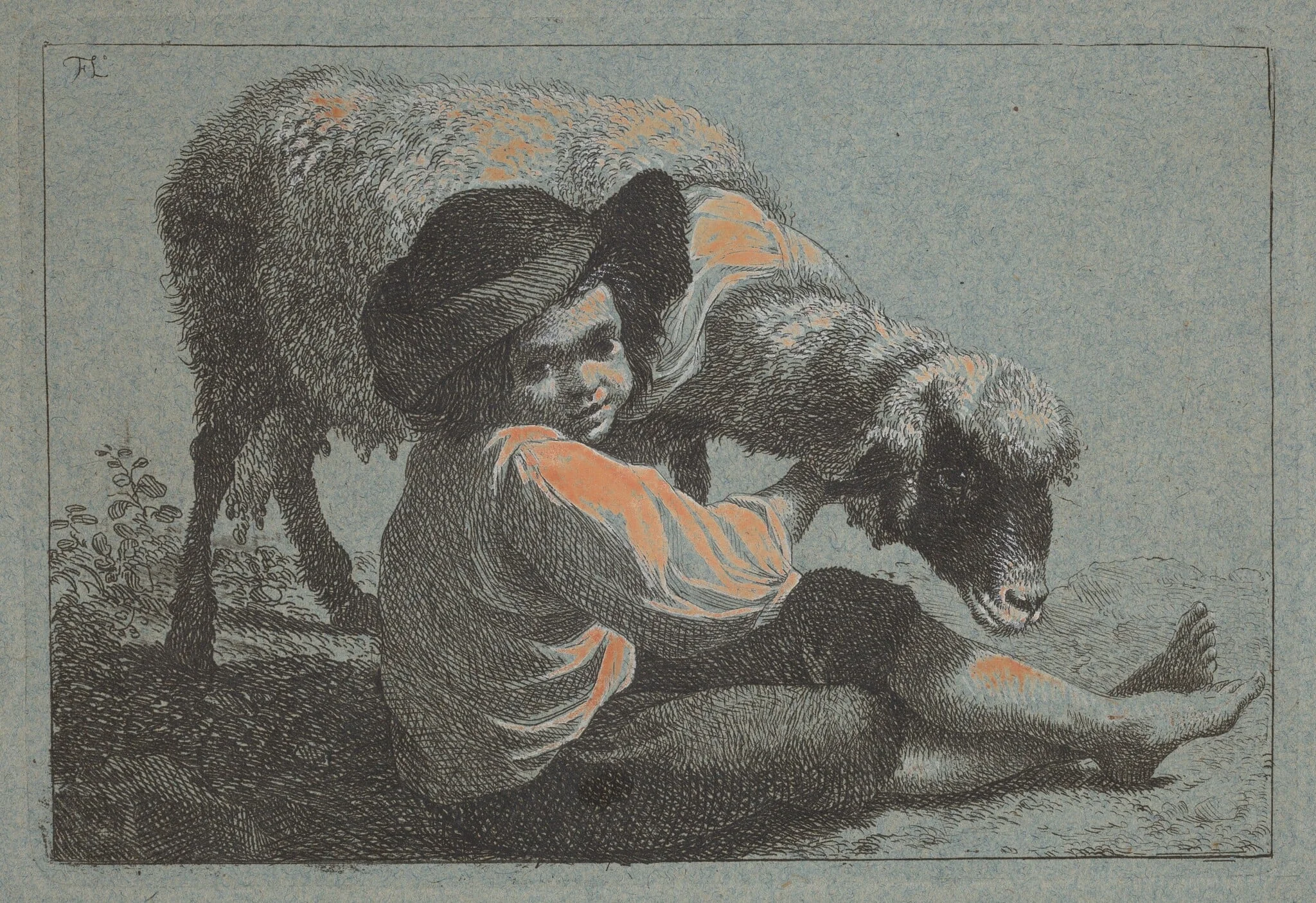 Seated Peasant Boy Holding a Sheep, by Francesco Londonio, ink, 1753