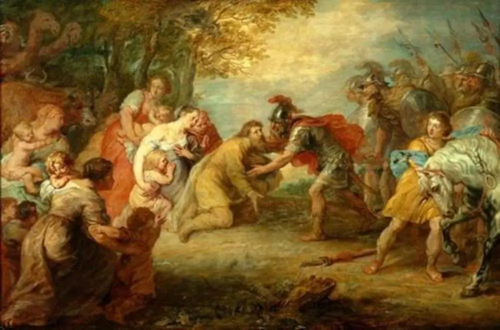 The reconciliation of Jacob and Esau: Esau runs to meet Jacob and kisses him (Genesis 33:3-4)