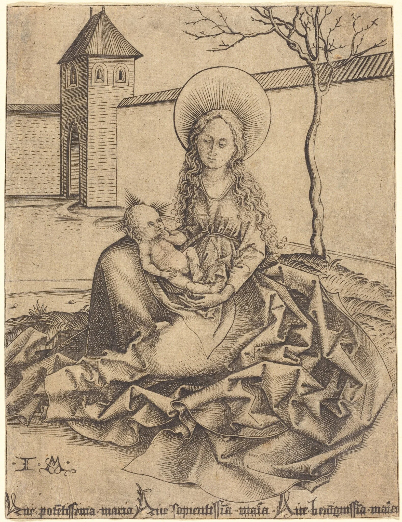 Virgin and Child in a Courtyard, by Israhel van Meckenem, ink, 1474