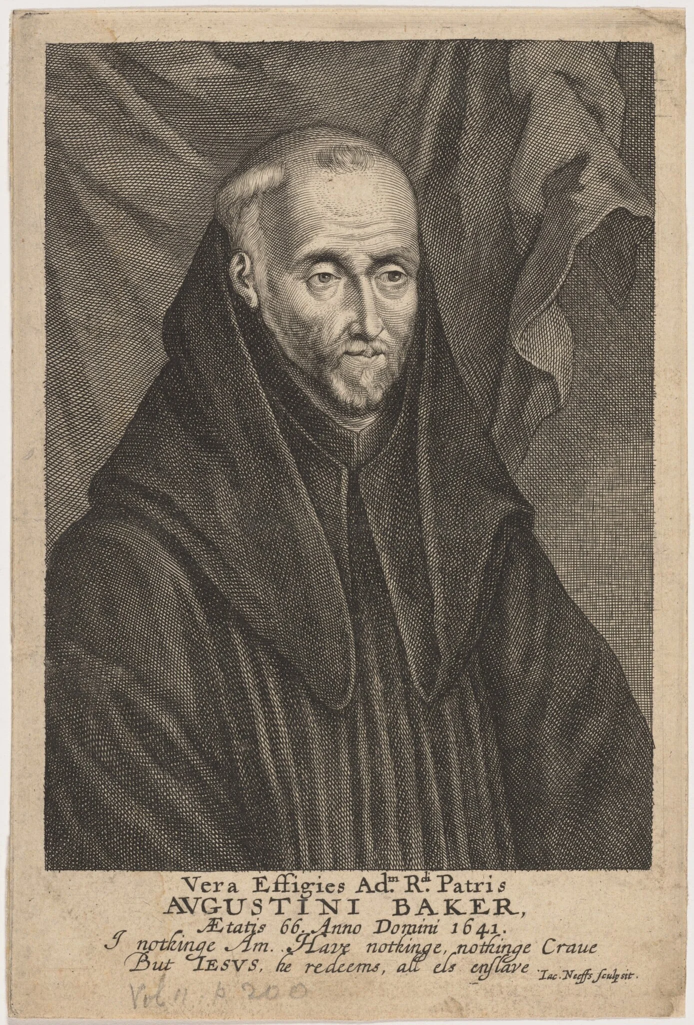 David Baker, by Jacobus Neeffs, ink, 1641