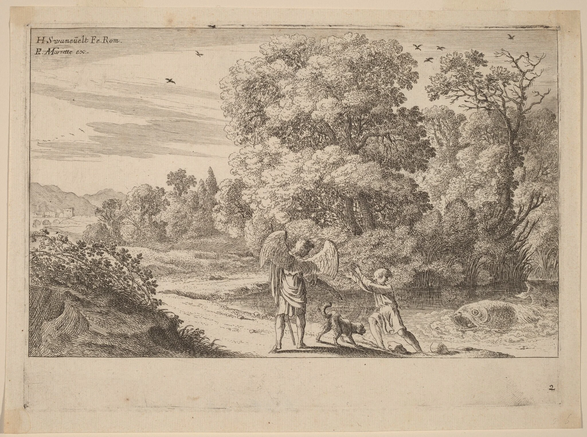 Tobias Frightened by the Fish, by Herman van Swanevelt, ink, 1628
