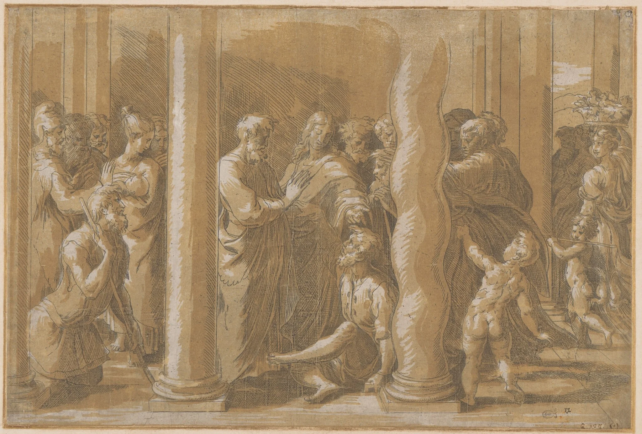 Saints Peter and John Healing the Lame Man at the Golden Gate, by Parmigianino, ink, 1528