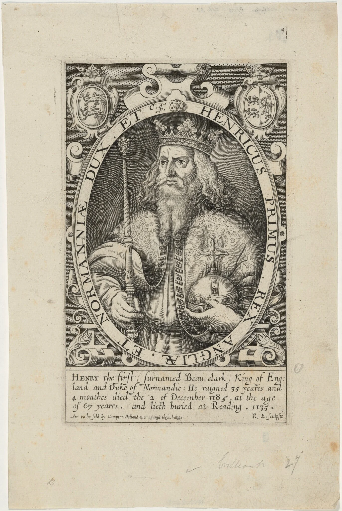 Henry I of England, by Renold Elstrack, ink, 1618