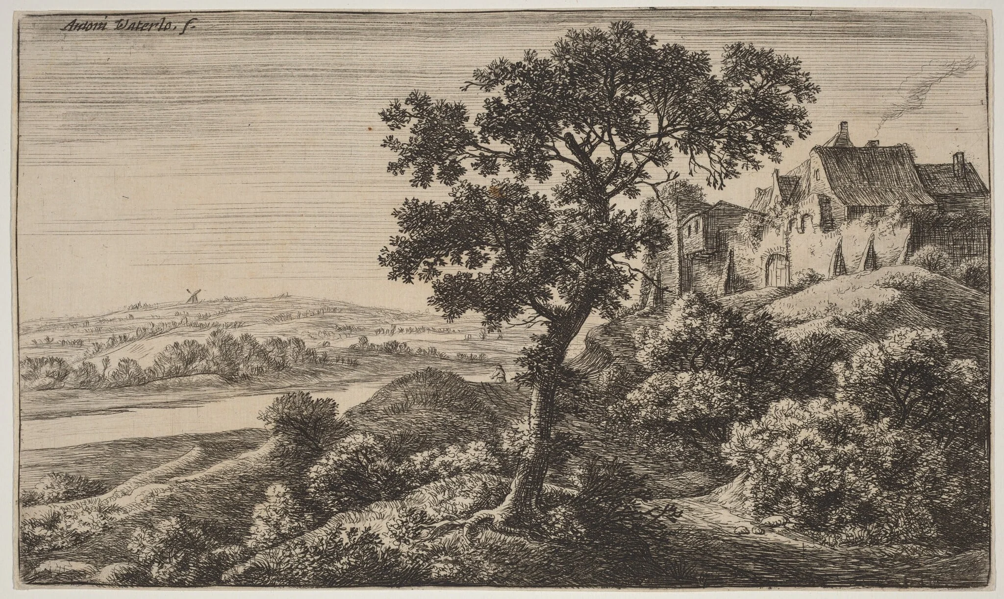 A Village on a Hill, by Antonie Waterloo, ink, 1650