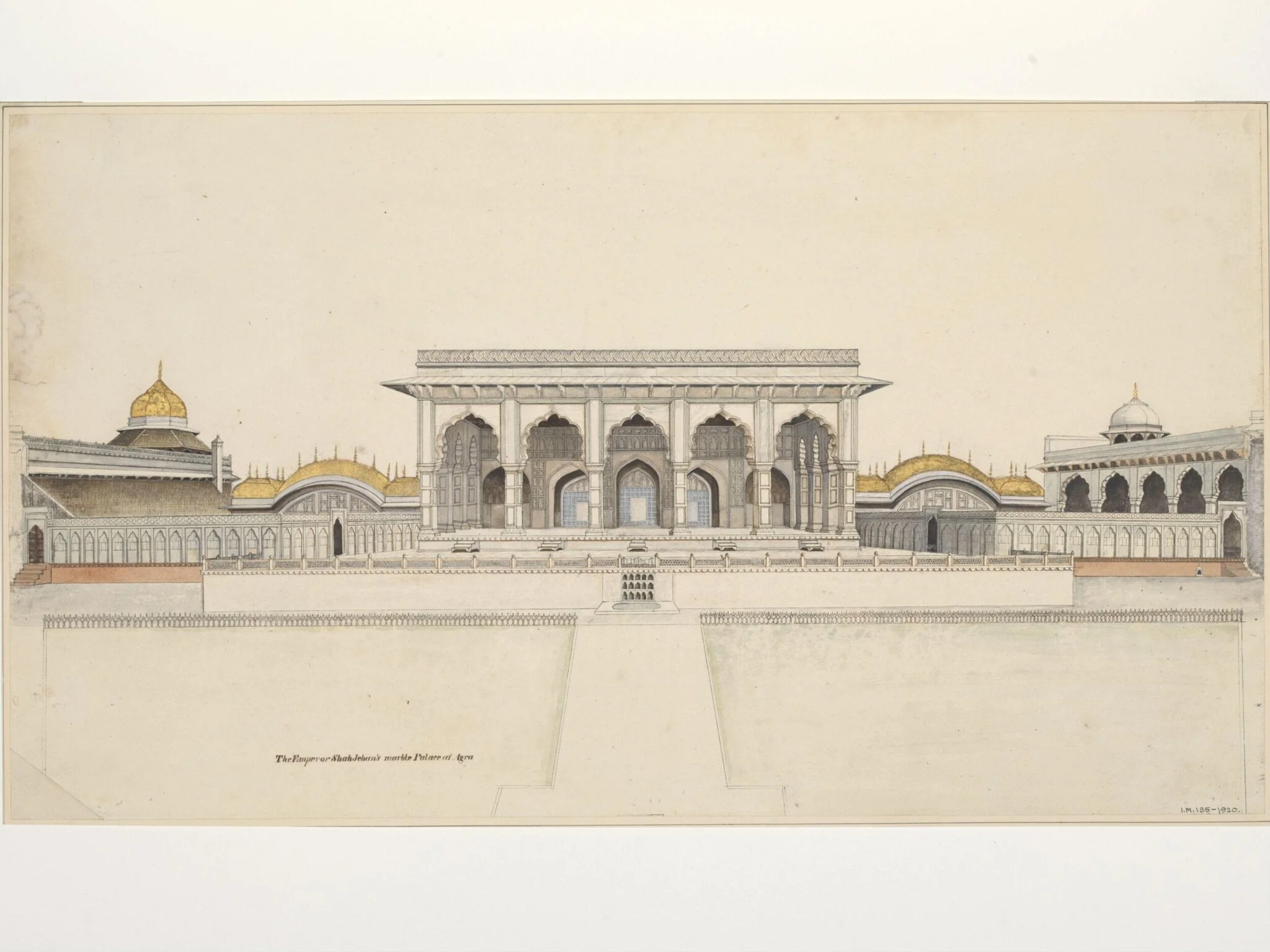 Elevation of the facade of the Khas Mahal, private apartments, Agra Fort, with the adjoining golden pavilions
