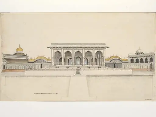 Elevation of the facade of the Khas Mahal, private apartments, Agra Fort, with the adjoining golden pavilions