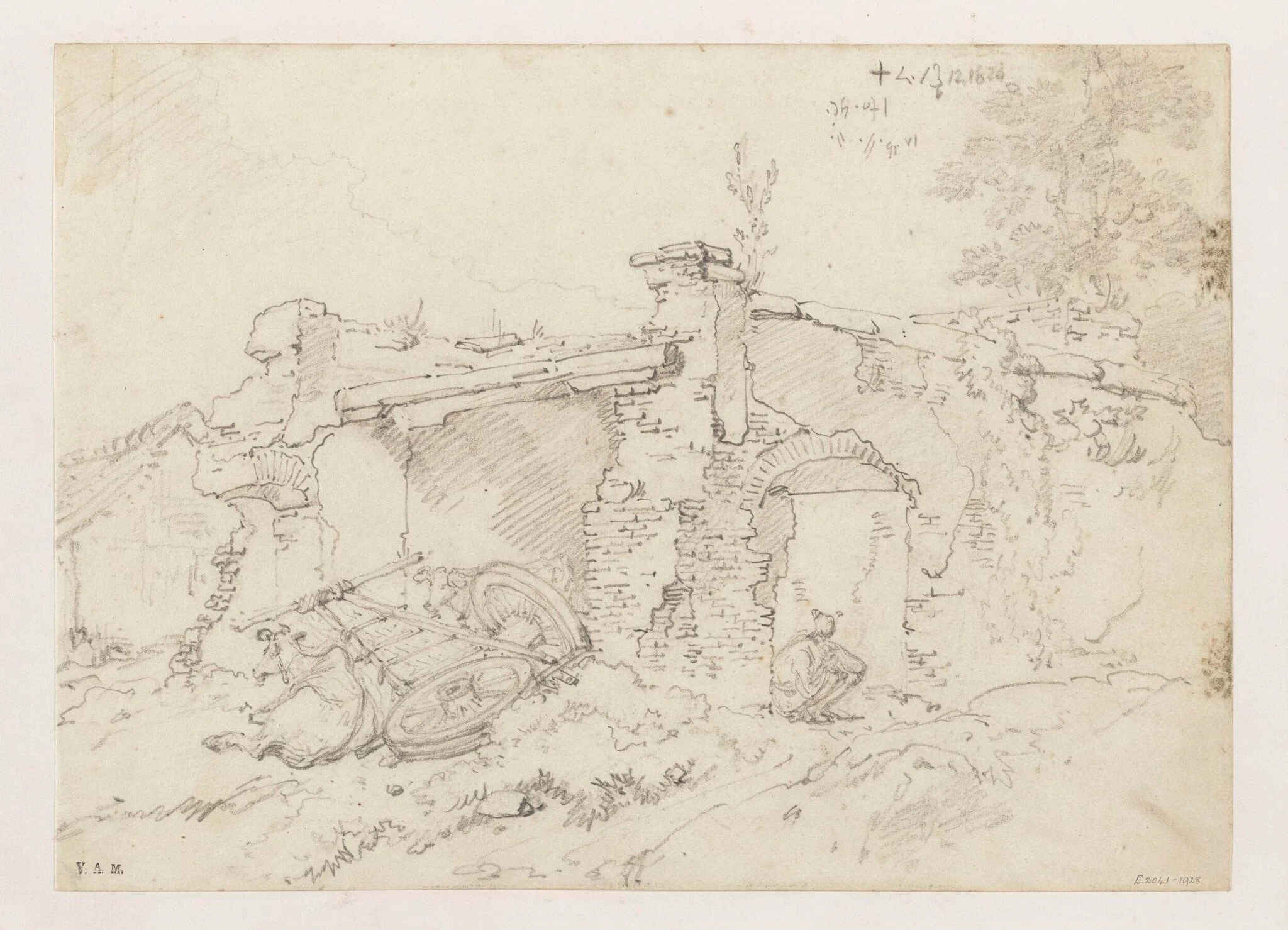 A ruined building in Bengal, with a figure and an ox and cart