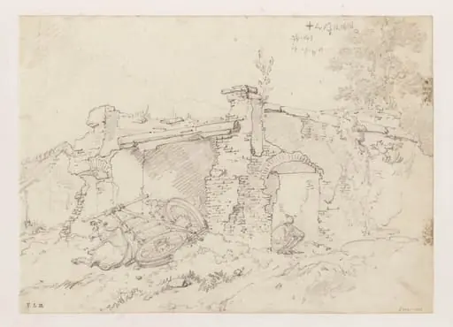 A ruined building in Bengal, with a figure and an ox and cart