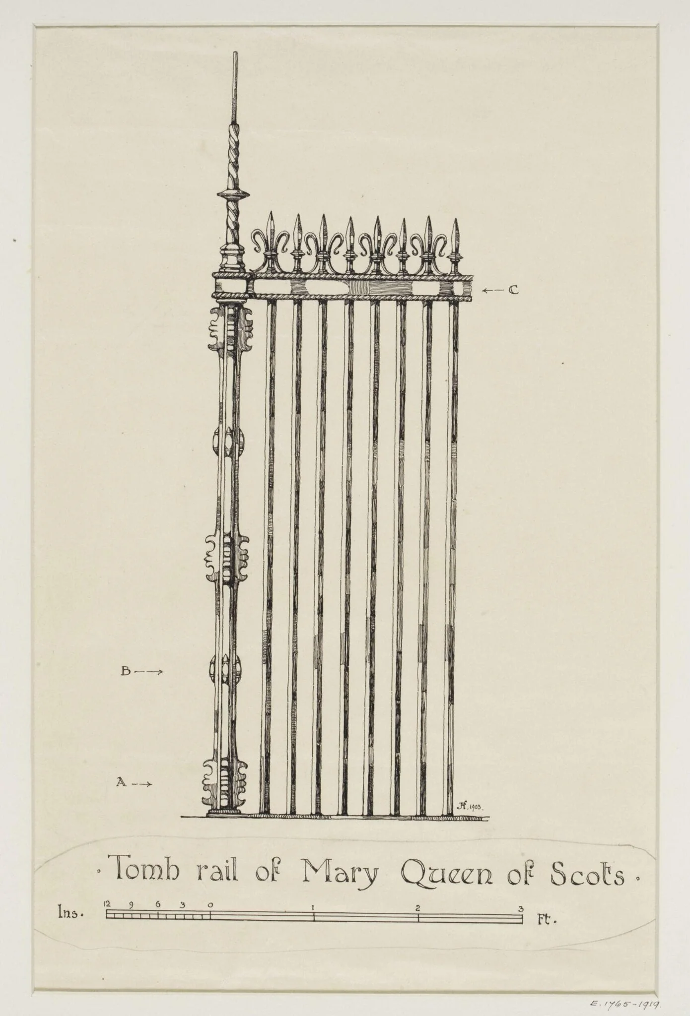 Drawing of the rail of Mary Queen of Scots' tomb, by John T. Pote-Norris, 1903