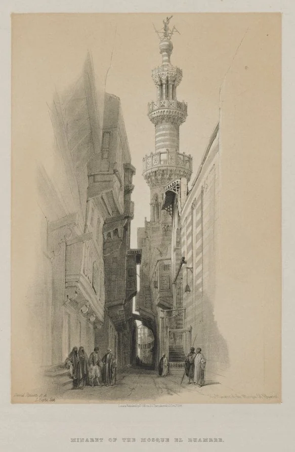 Egypt and Nubia, Volume III: The Minaret of the Mosque El Rhamree, by Louis Haghe, 1848